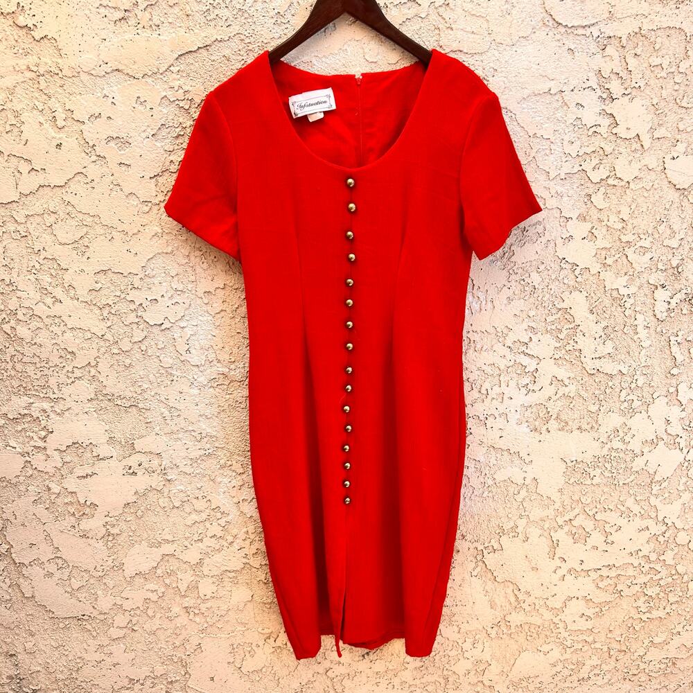 Vintage Infatuation Red Button Front Midi Dress Size Womens 8